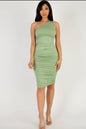 Sexy Solid Color Ruched One Shoulder Midi Bodycon Dress